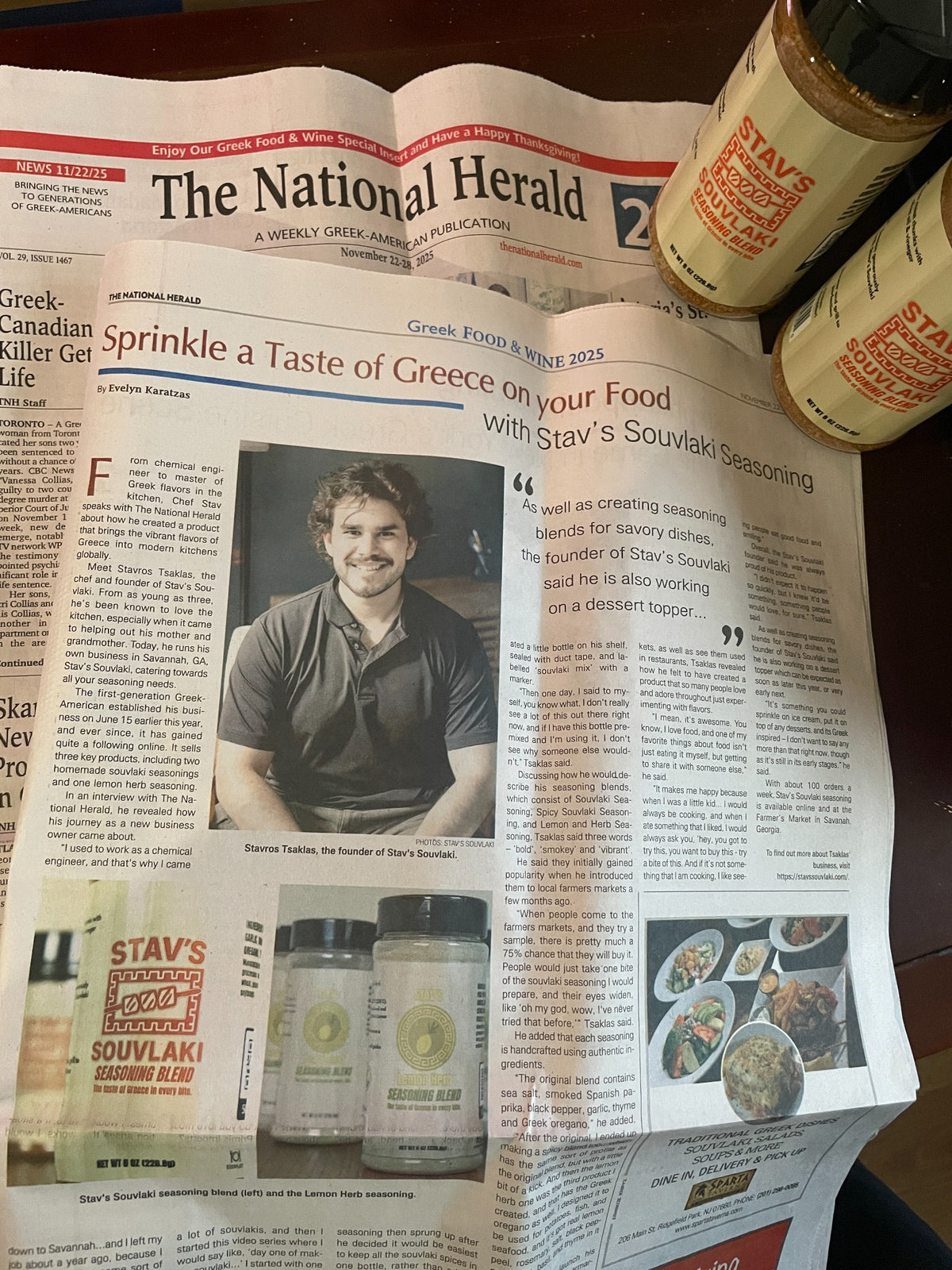 The National Herald feature about Stav’s Souvlaki, photographed with the seasoning bottles